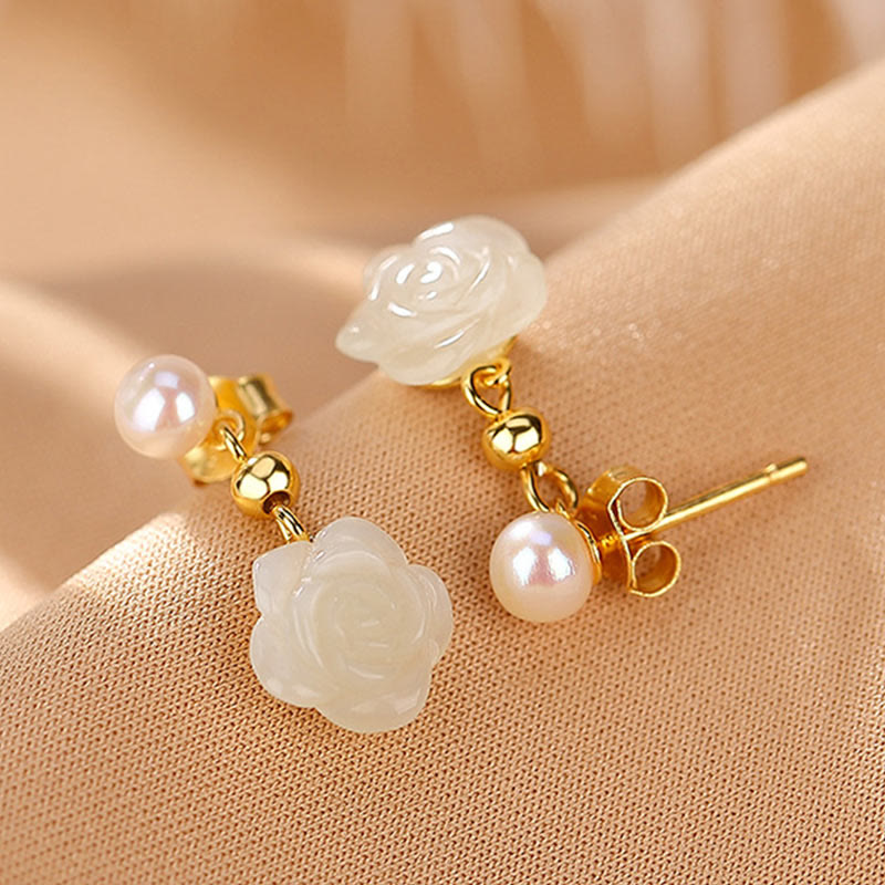 925 Sterling Silver Plated Gold Jade Rose Flower Cyan Jade Pearl Luck Earrings - Image 6