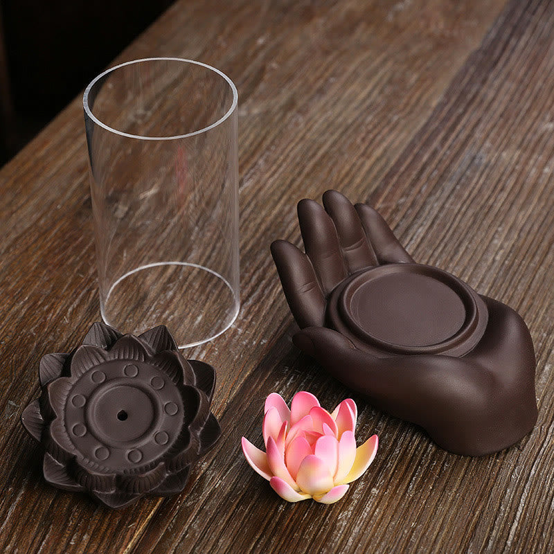 Buddha Hand Lotus Enlightenment LED Light Purple Clay Ceramic Incense Burner Decoration - Image 3