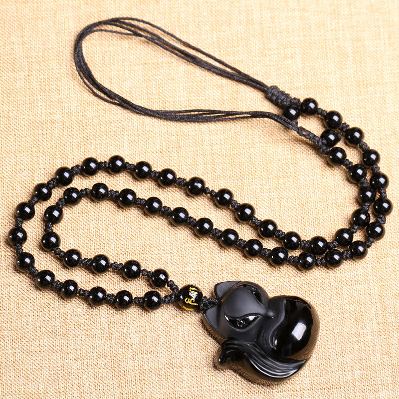 Natural Black Obsidian Tiger Eye Ice Obsidian Fox Pendant Amulet Necklace - Image 3