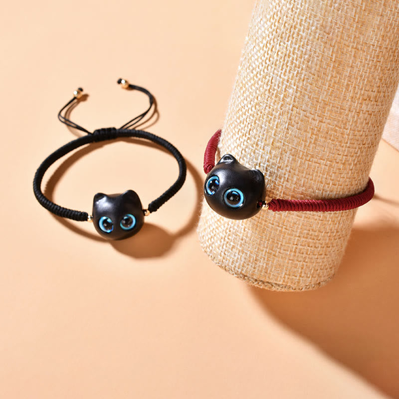 Ebony Wood Cat Head Pattern Peace King Kong Knot Braided Bracelet - Image 22