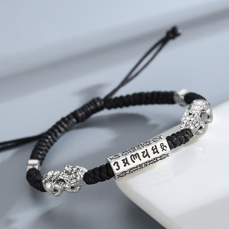 Double PiXiu Feng Shui Copper Coin Om Mani Padme Hum String Bracelet - Image 3