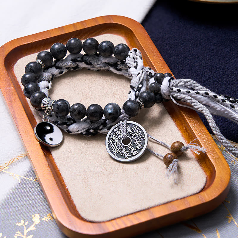 Black Glitter Stone Cat's Eye Yin Yang Mountain Ghosts Spend Money Power Double Layer Rope Bracelet - Image 8
