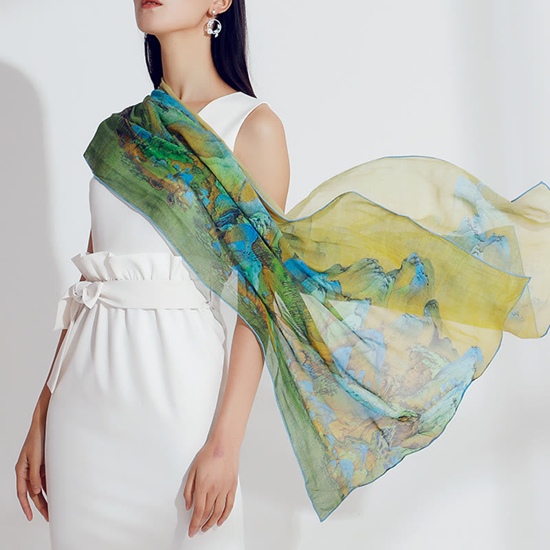 A Panorama of Rivers and Mountains 100% Mulberry Silk Scarf Premium Grade 6A Silk Shawl