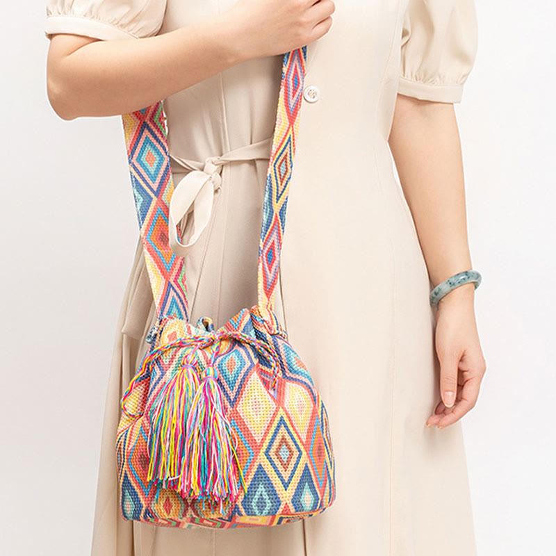 Colorful Geometry Flowers Print Canvas Bucket Crossbody Bag Shoulder Bag - Image 9