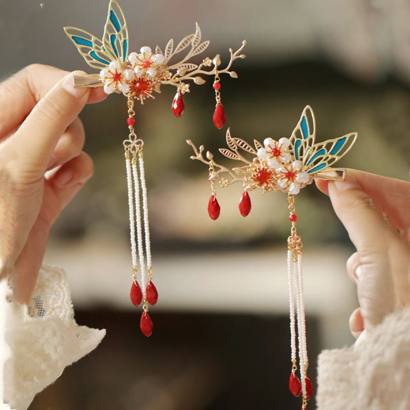 Classical Chinese Style Flower Branche Butterfly Pearl Tassel Hair Clip Hair Comb Hair Crown - Image 25