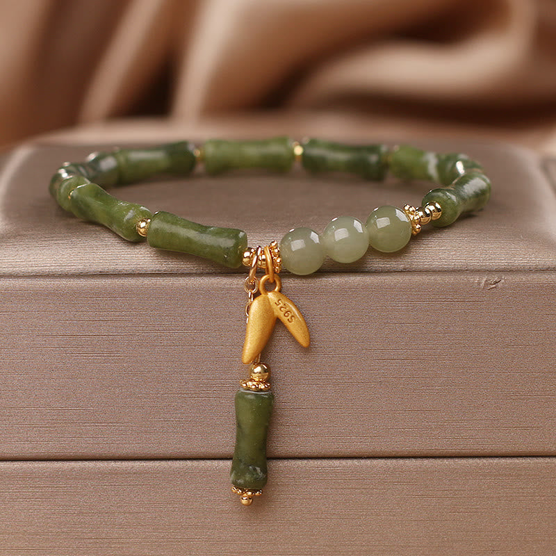 Green Bamboo Jade Leaf Pattern Wealth Luck Bracelet