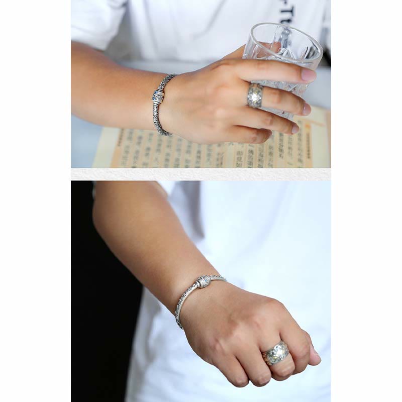 990 Sterling Silver Tibetan Auspicious Clouds Om Mani Padme Hum Engraved Creativity Bracelet Bangle - Image 16