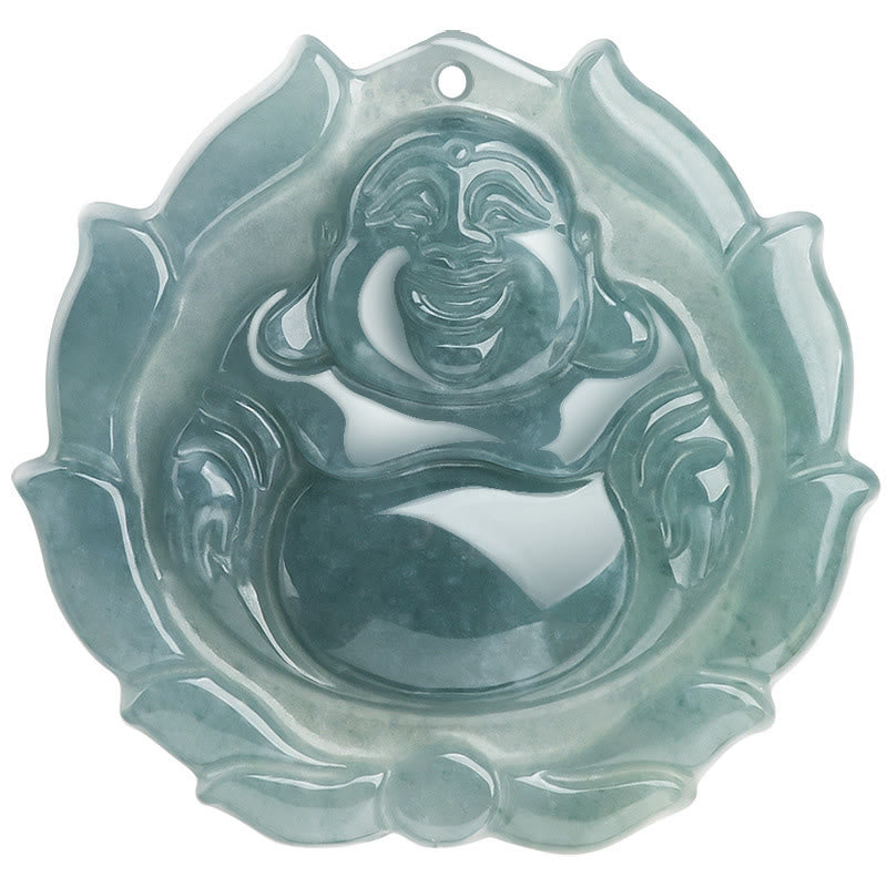 Natural Jade Laughing Buddha Lotus Pattern Luck Necklace Pendant - Image 9