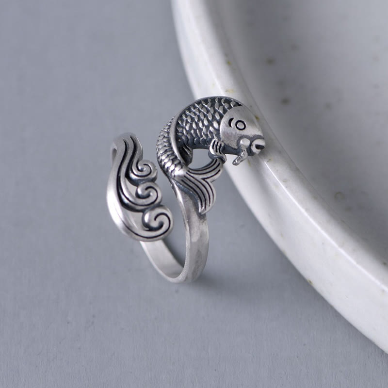 925 Sterling Silver Koi Fish Water Ripple Luck Wealth Ring - Image 9