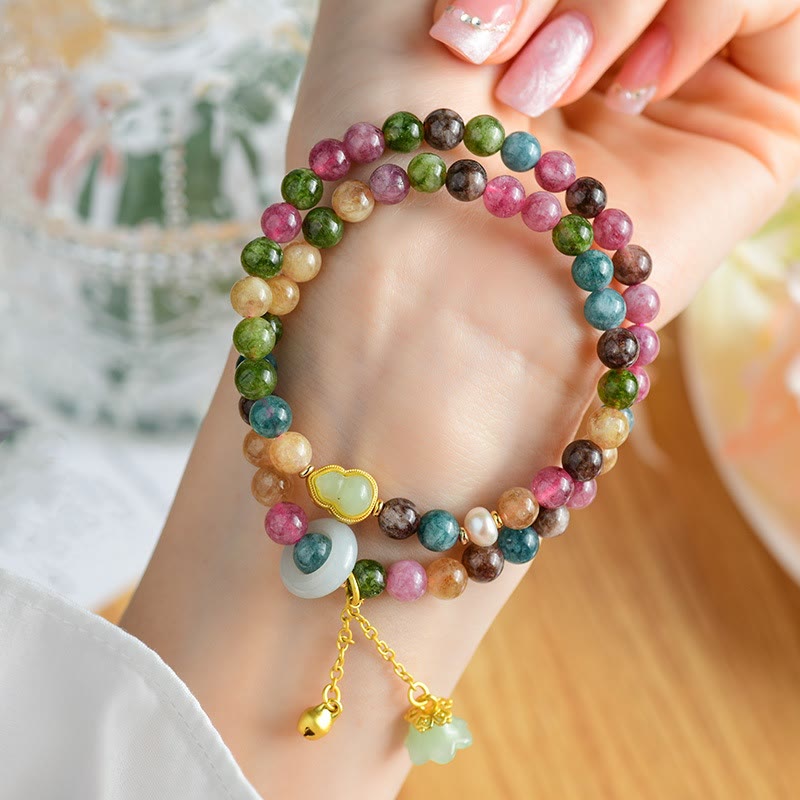 Multicolored Tourmaline Gourd Wisdom Double Wrap Lily Of The Valley Charm Bracelet