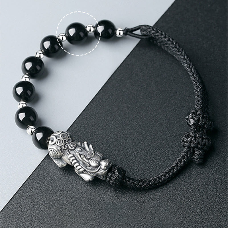 999 Sterling Silver FengShui PiXiu Natural Black Obsidian 925 Sterling Silver Bead Strength Bracelet - Image 10