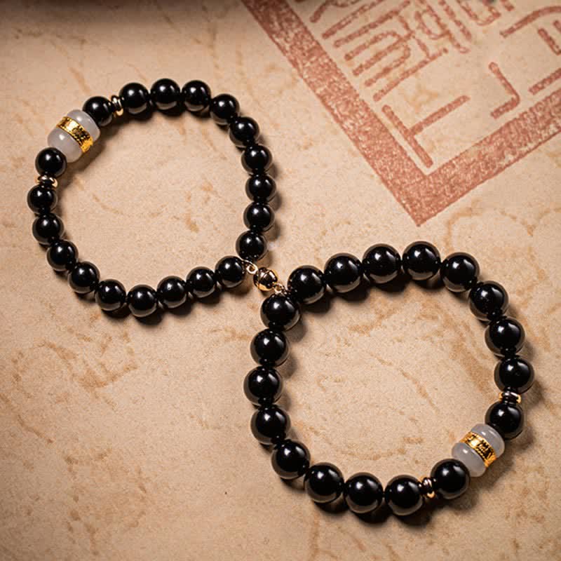 Black Obsidian Jade Om Mani Padme Hum Strength Couple Magnetic Bracelet - Image 10
