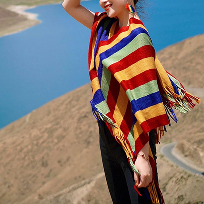 Tibetan Colorful Striped Design Shawl Tassels Pullover Winter Cozy Travel Scarf Wrap - Image 9