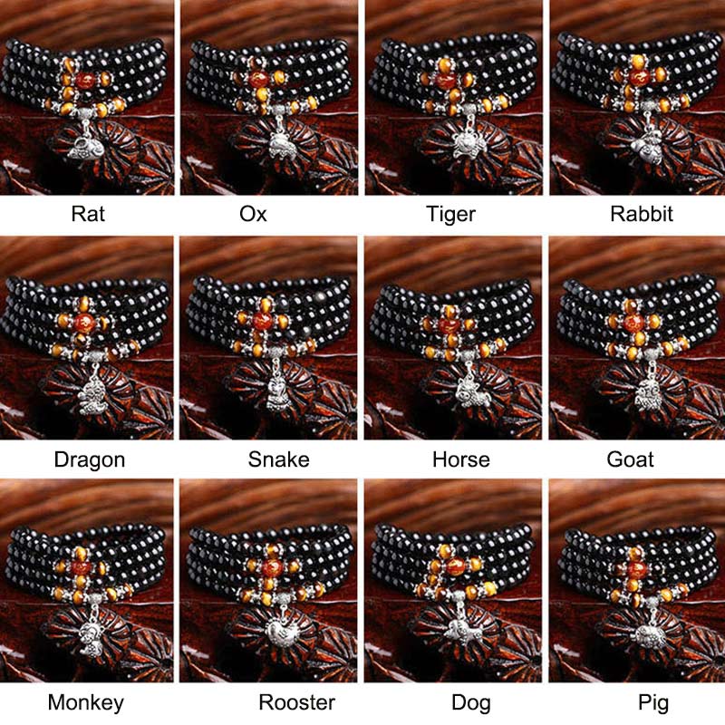 Chinese Zodiac 108 Beads Black Obsidian Tiger Eye Fortune Mala Bracelet - Image 3