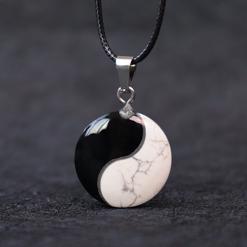 Natural Black Obsidian White Turquoise Yin Yang Transformation Rope Necklace Pendant
