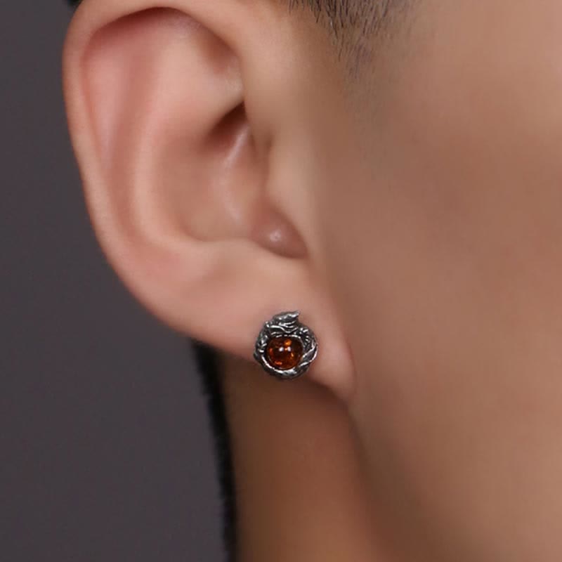 925 Sterling Silver Natural Amber Dragon Success Protection Stud Earring - Image 6
