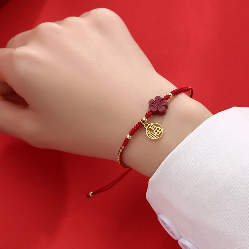Cinnabar Flower Fu Character Blessing Braided String Bracelet - Image 6
