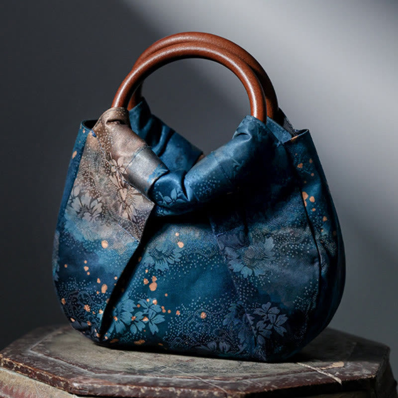 Handmade Jacquard Flower Blue Wooden Handle Handbag
