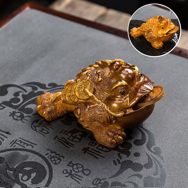 Color Changing FengShui Wealth Lucky Frog Copper Coin Tea Pet Resin Figurine Decoration