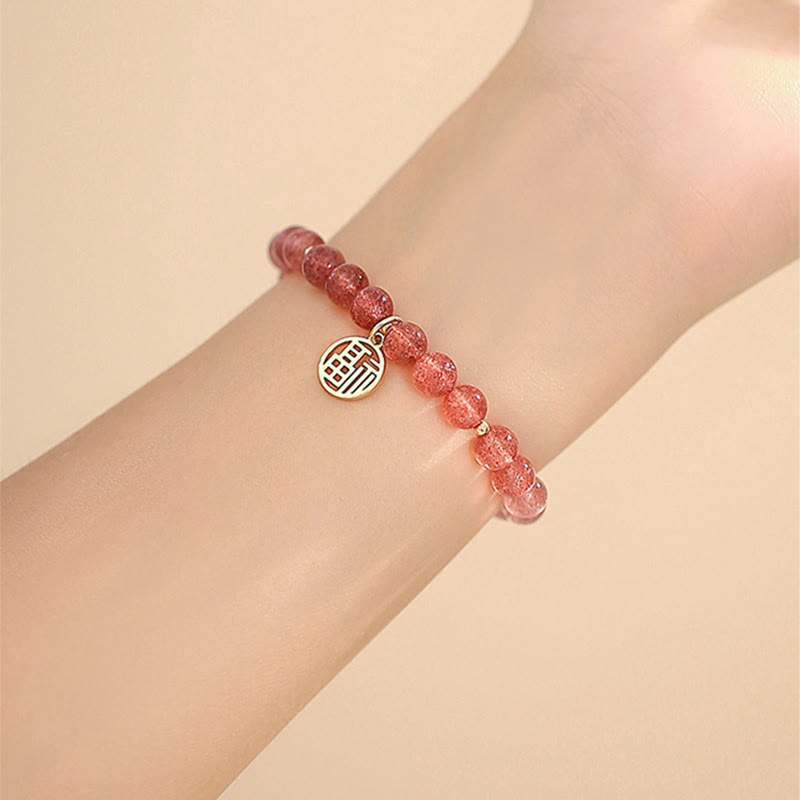 14K Gold Plated Strawberry Quartz Fu Character Healing Charm Bracelet - Image 11
