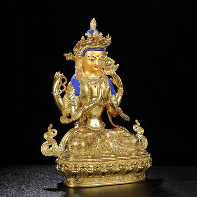 Chenrezig Four-armed Avalokitesvara Protection Copper Gold Plated Statue Decoration - Image 4