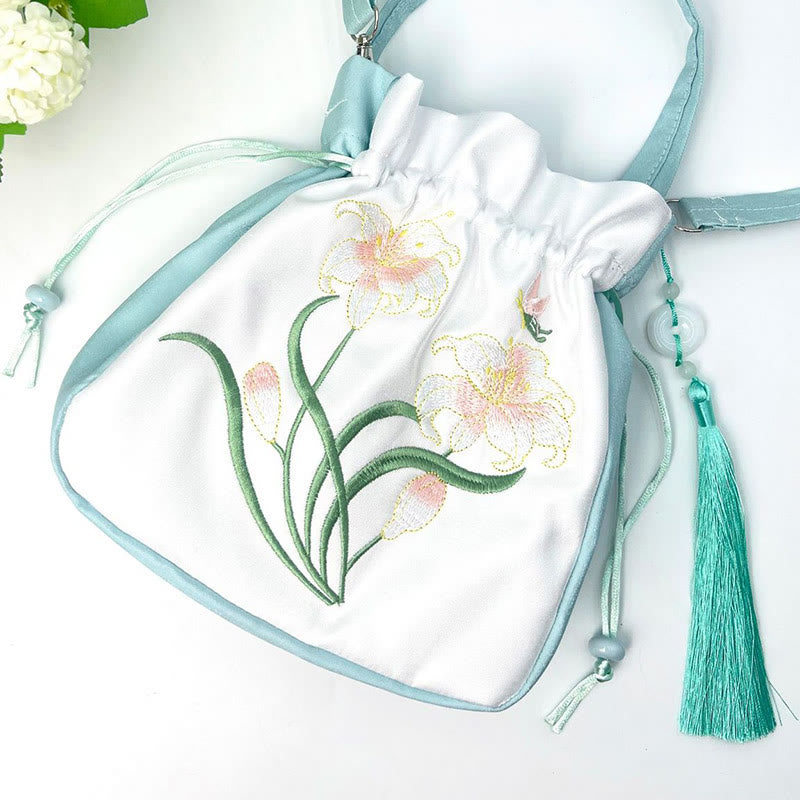 Embroidered Flowers Wisteria Lily Cotton Linen Tote Crossbody Bag Shoulder Bag Handbag - Image 11