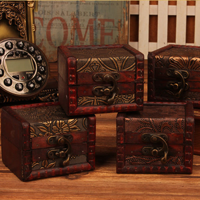 Retro Small Square Wood Jewelry Box Lotus Grass Flower Grape Copper Coin Daffodil Jewelry Storage Box - Image 24