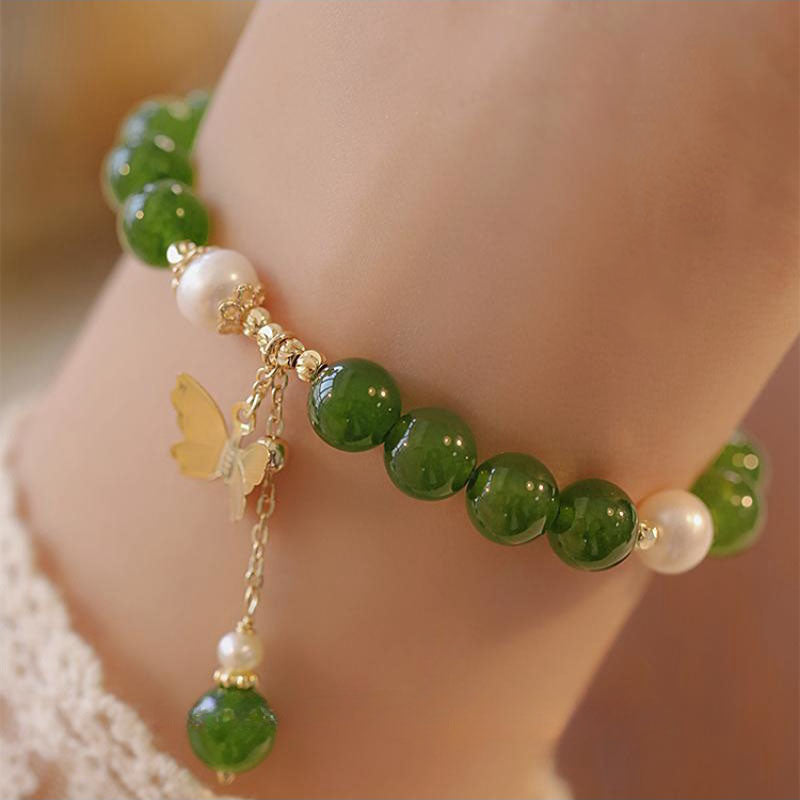 Natural Green Chalcedony Pearl Butterfly Courage Strength Bracelet