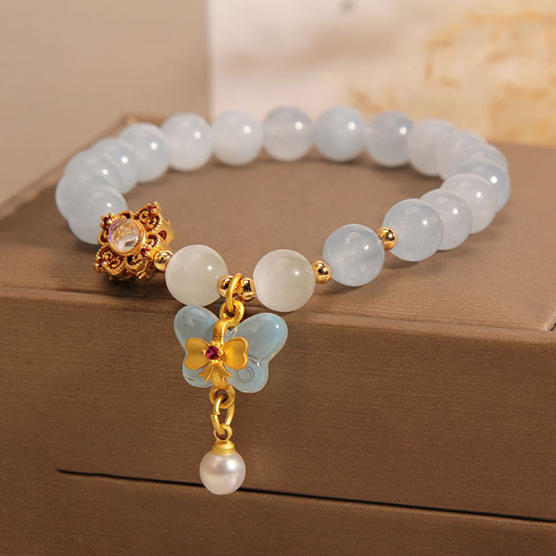 Aquamarine Cat's Eye Healing Butterfly Pearl Charm Bracelet - Image 6