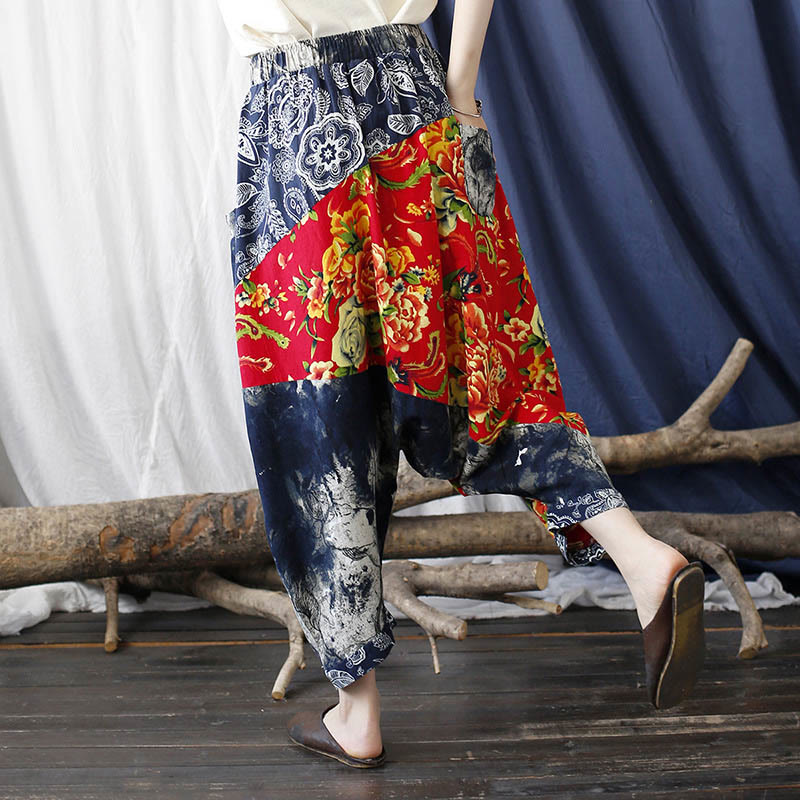 Blue Red Peony Flowers Patchwork Cotton Linen Harem Pants With Pockets - Image 3