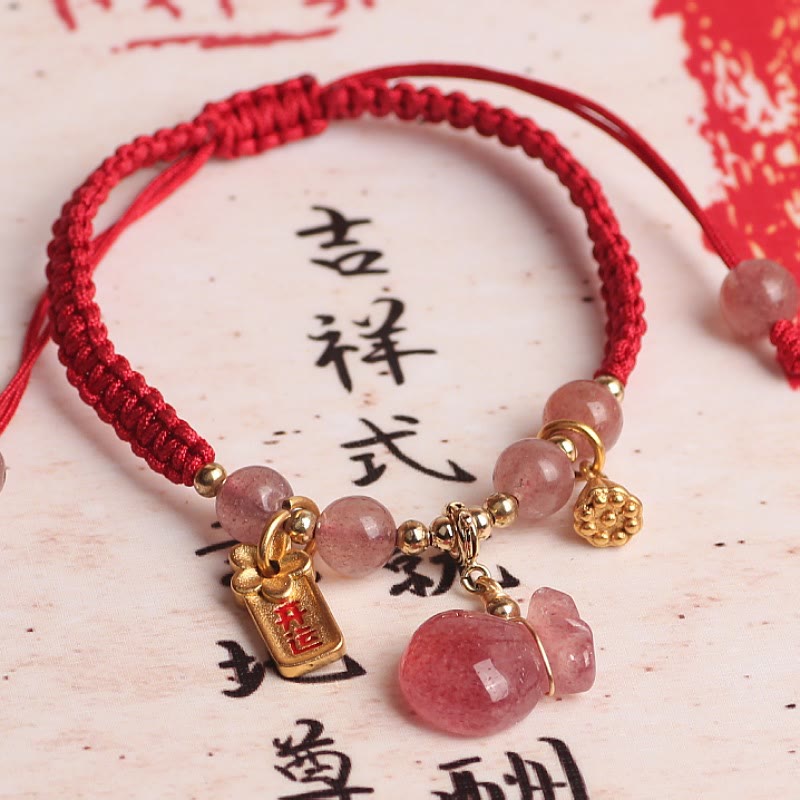 Natural Strawberry Quartz Money Bag Lotus Healing Charm Red String Braided Bracelet