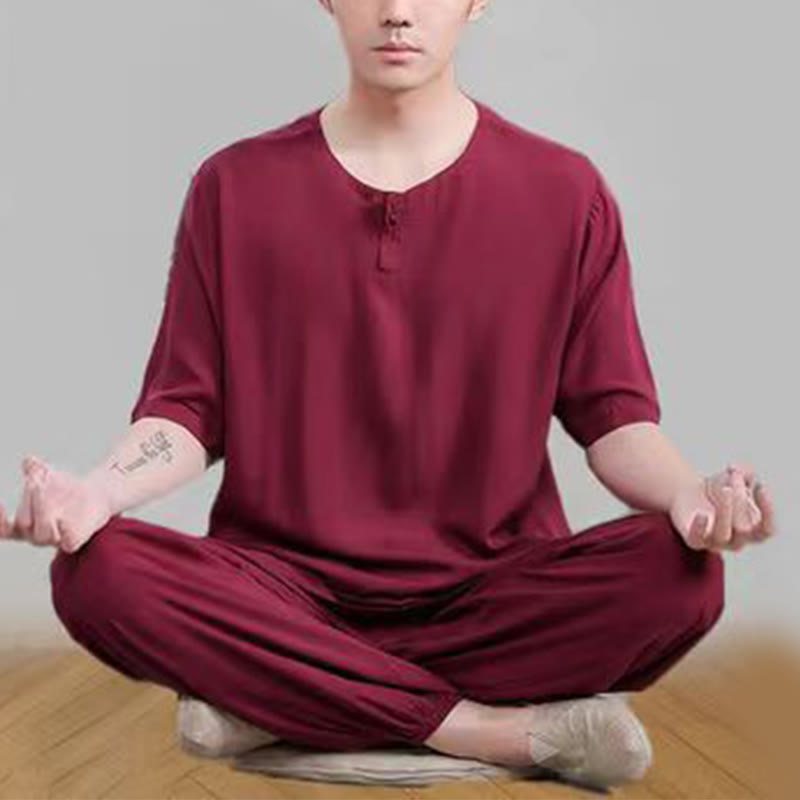 2Pcs Half Sleeve T-Shirt Pants Meditation Zen Tai Chi Cotton Linen Clothing Unisex Set - Image 22