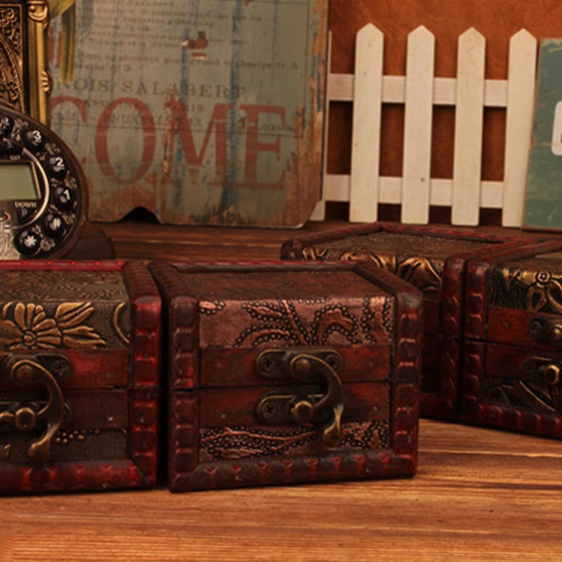 Retro Small Square Wood Jewelry Box Lotus Grass Flower Grape Copper Coin Daffodil Jewelry Storage Box - Image 29