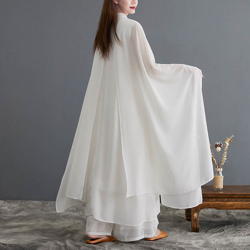 2Pcs Frog-Button Long Sleeve Midi Dress Wide Leg Pants Chiffon Zen Women's Set - Image 5