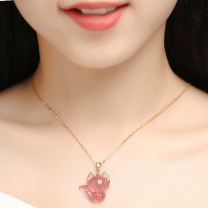 925 Sterling Silver Plated 14k Gold Strawberry Quartz Fox Healing Necklace Pendant - Image 5