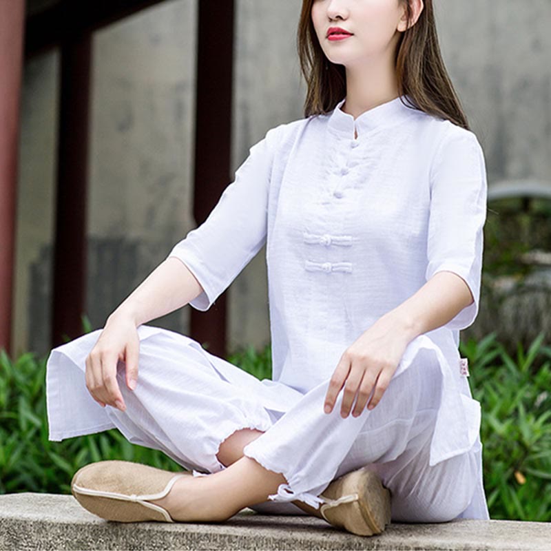 2Pcs Half Sleeve Shirt Top Pants Meditation Zen Tai Chi Linen Clothing Women's Set - Image 3