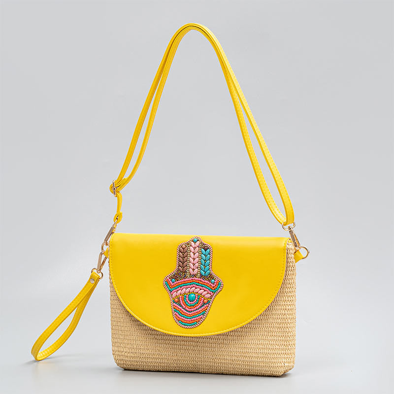 Hamsa Elephant Flower Straw Woven Crossbody Bag Shoulder Bag Handbag