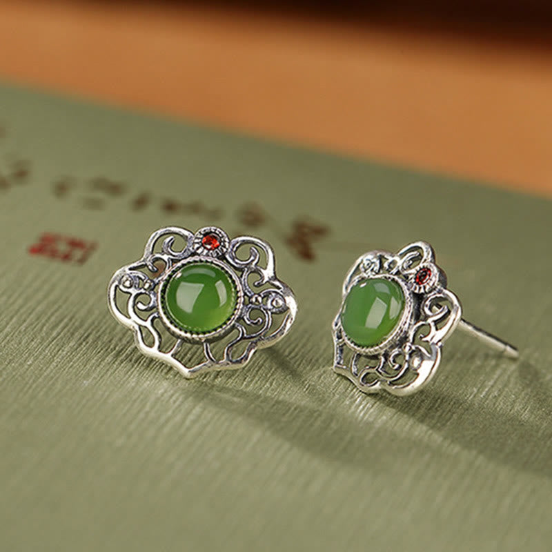 925 Sterling Silver Natural Hetian Cyan Jade Hollow Design Luck Ring Earrings Set - Image 11
