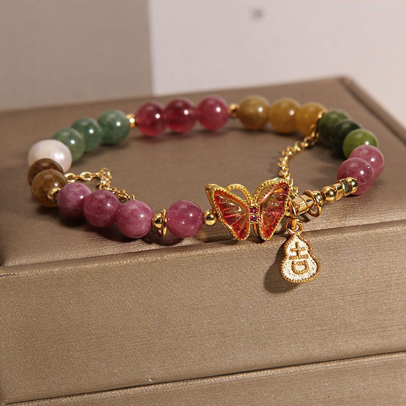 Natural Colorful Tourmaline Butterfly Auspicious Character Gourd Charm Positive Bracelet - Image 4