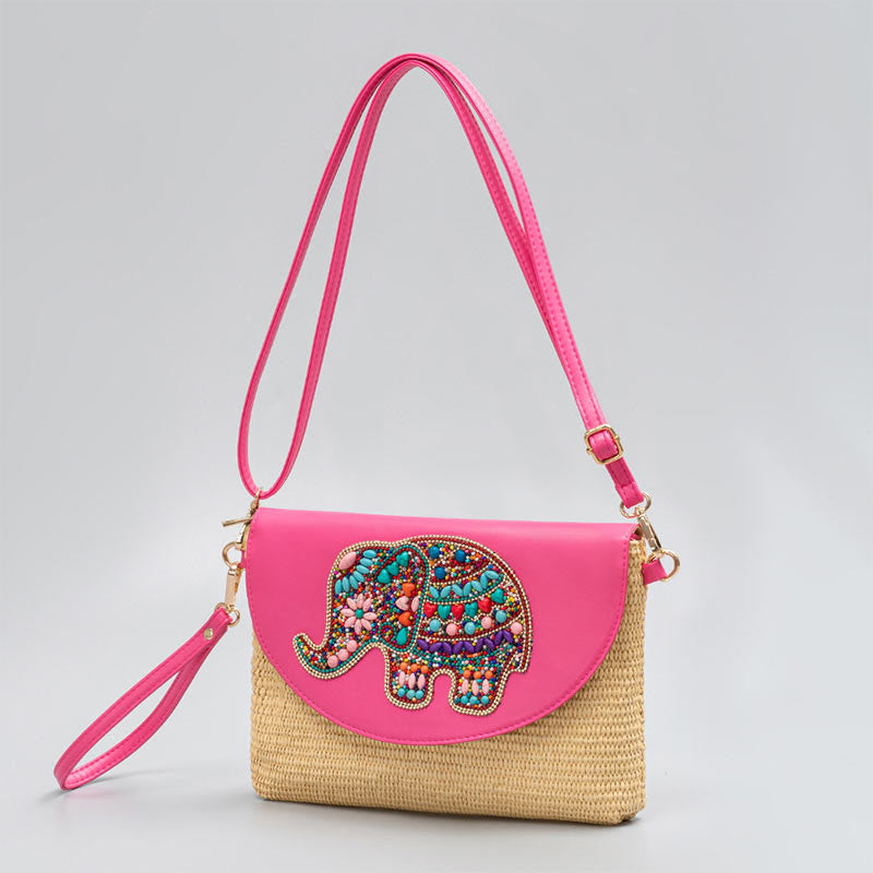 Hamsa Elephant Flower Straw Woven Crossbody Bag Shoulder Bag Handbag - Image 11