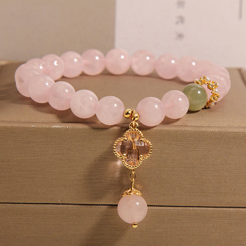 Natural Pink Crystal Four Leaf Clover Soothing Bracelet