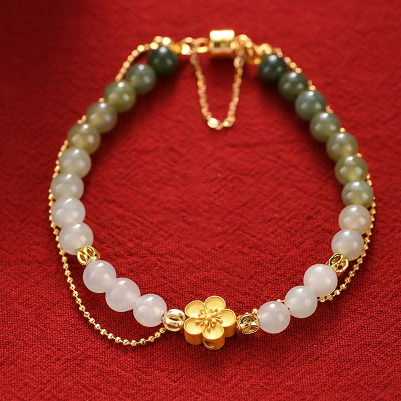 925 Sterling Silver Natural Hetian Jade Peach Blossom Luck Chain Bracelet