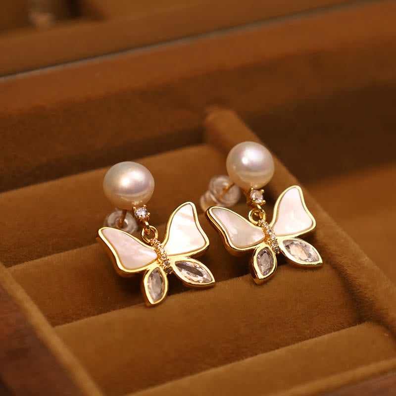 18K Gold Plated Copper Natural Shell Pearl Butterfly Sincerity Stud Earrings - Image 6