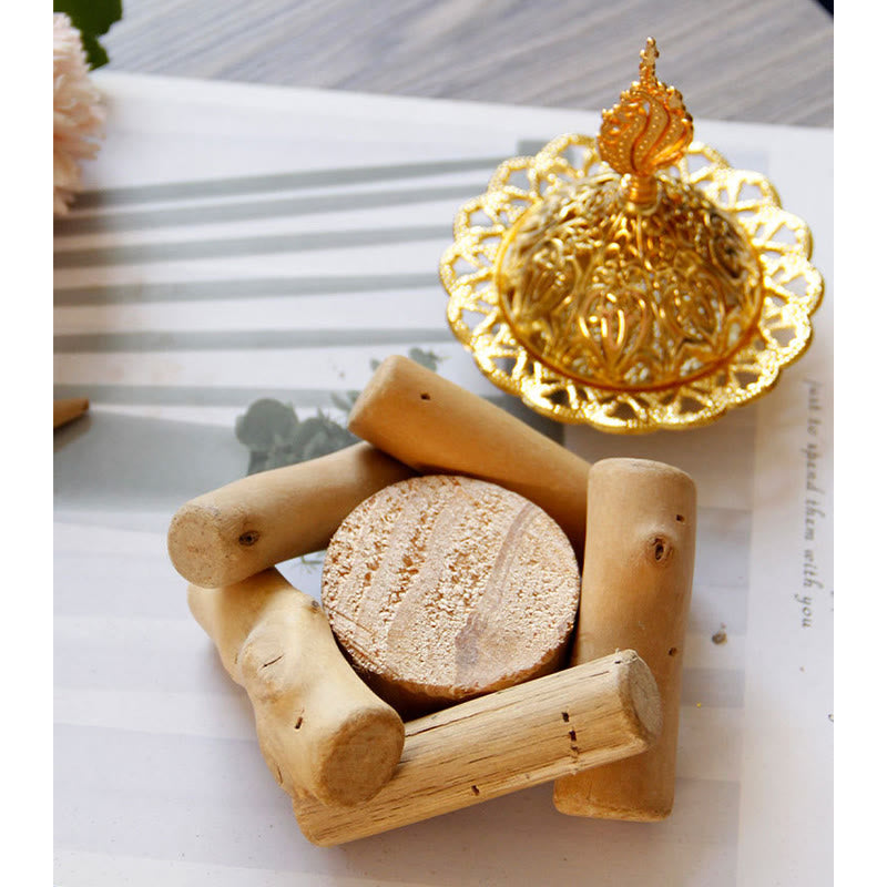 Gold Alloy Healing Mini Incense Burner With Wooden Coaster Home Decor - Image 14