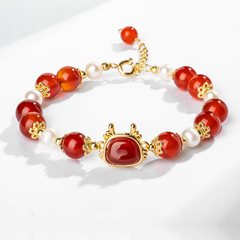 14K Gold Plated Year Of The Dragon Natural Red Agate Pearl Protection Fu Character Chain Bracelet (Extra 30% Off | USE CODE: FS30)