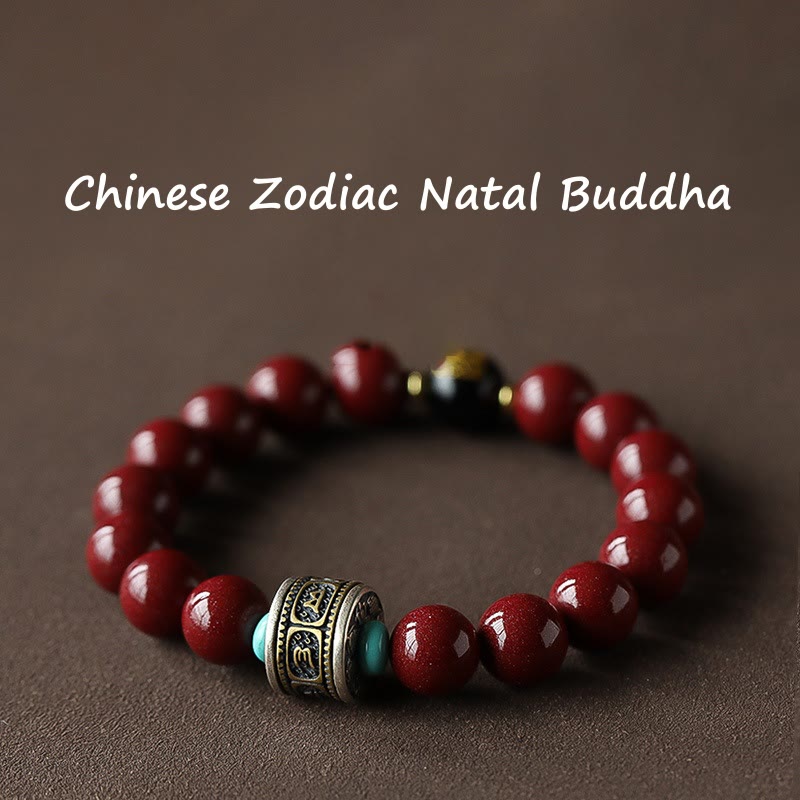 925 Sterling Silver Chinese Zodiac Natal Buddha Cinnabar Om Mani Padme Hum Calm Bracelet