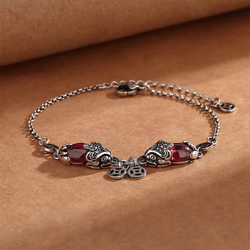 Garnet Double PiXiu Copper Coin Protection Chain Bracelet