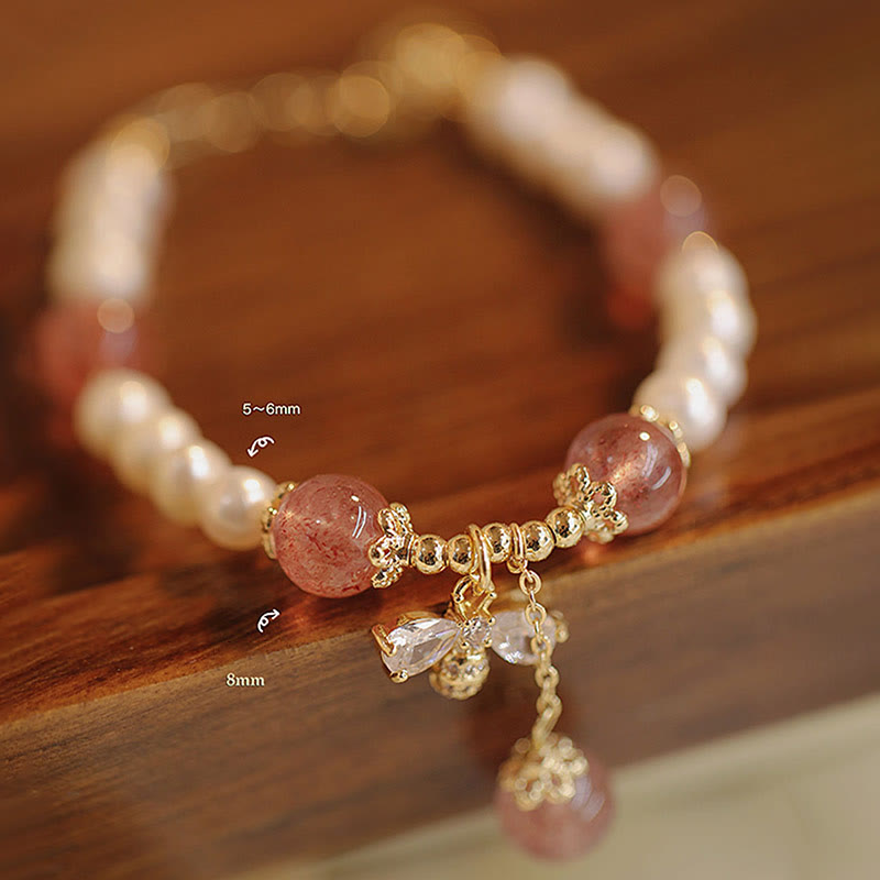 Natural Pearl Strawberry Quartz Healing Cute Honey Bee Charm Bracelet - Image 8