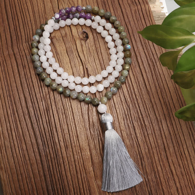 108 Mala Beads White Agate Amethyst Black Glitter Stone Protection Bracelet - Image 7