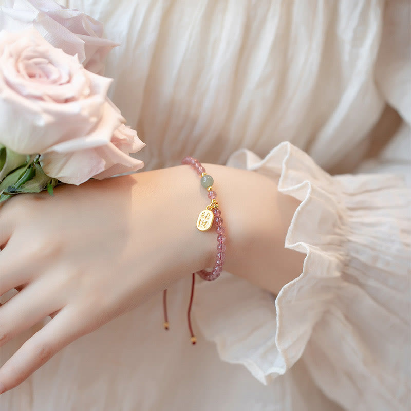 Natural Strawberry Quartz Garnet Jade Lucky Fortune Fu Character Healing Charm Bracelet - Image 7